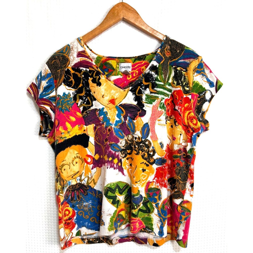 Vintage‎ Chicos Cotton Top Size 3 L Art To Wear Women Festival Rare Bright j